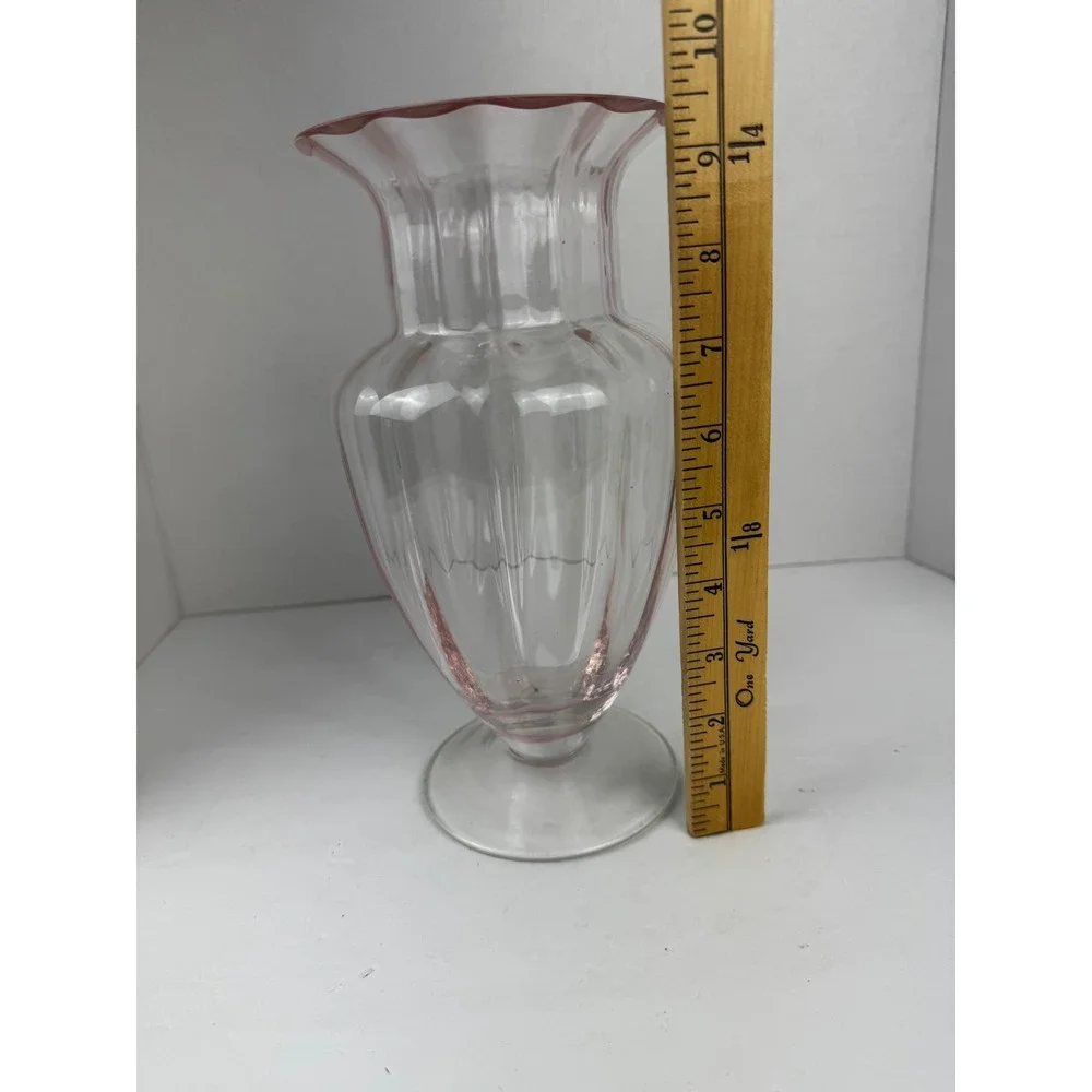 Vintage Tiffin Style Pink Ribbed Glass Vase Flared Rim Pedestal Base Optic Glass